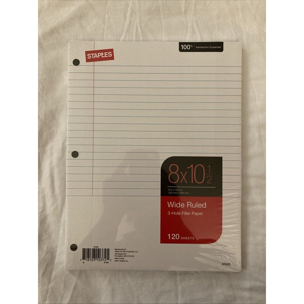 Staples 8”x10.5” Wide Ruled White Filler Paper | 120 Sheets | 3-hole Punched